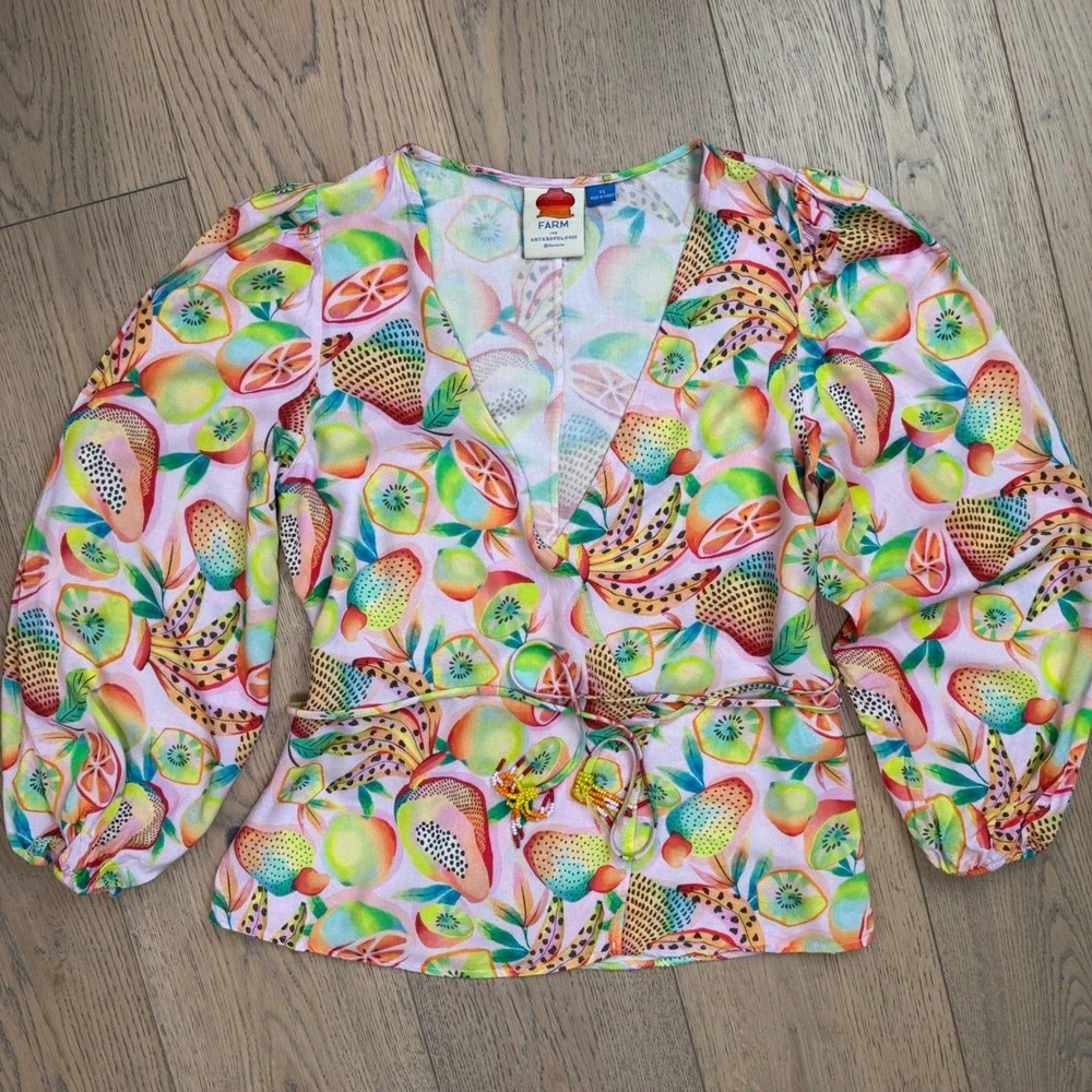 FARM Rio for Anthropologie Rainforest‎ Fruit Print Beaded Tassel Wrap Blouse XS